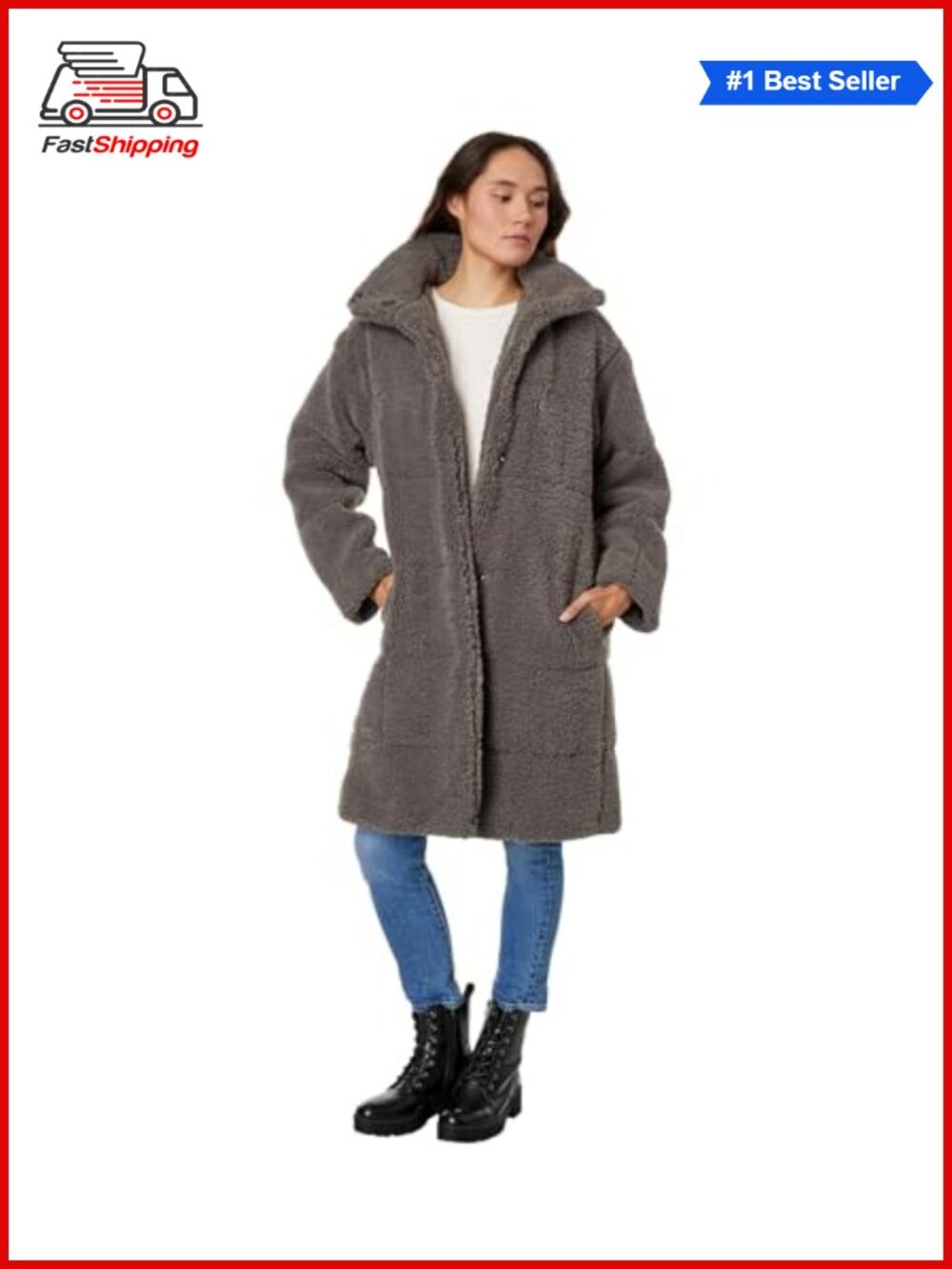 ✨ Levi's Long Sherpa Teddy Coat Quilted Snap Button Pockets Straight Fall
